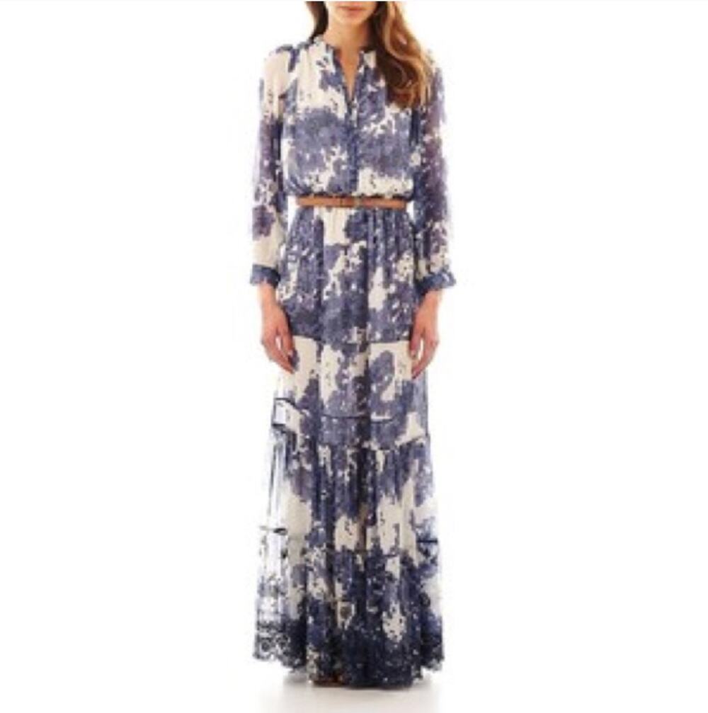 MNG Mango Watercolor V Neck Long Sleeve Blouson Maxi Dress Blue White 4